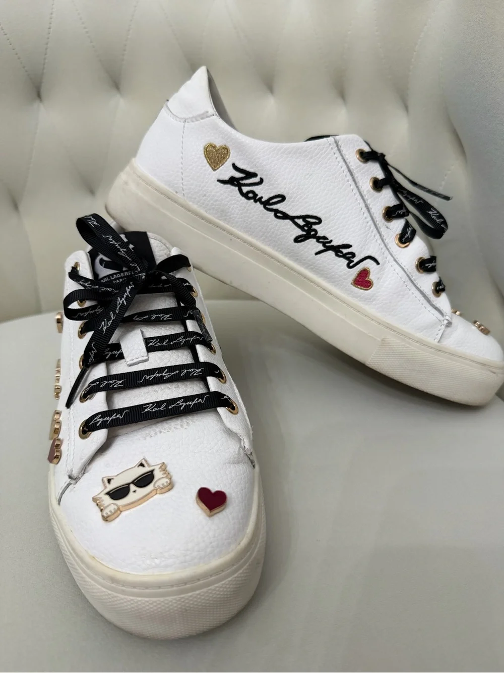 Karl Lagerfeld White Sneakers with Black Ribbon Laces and Heart Studs